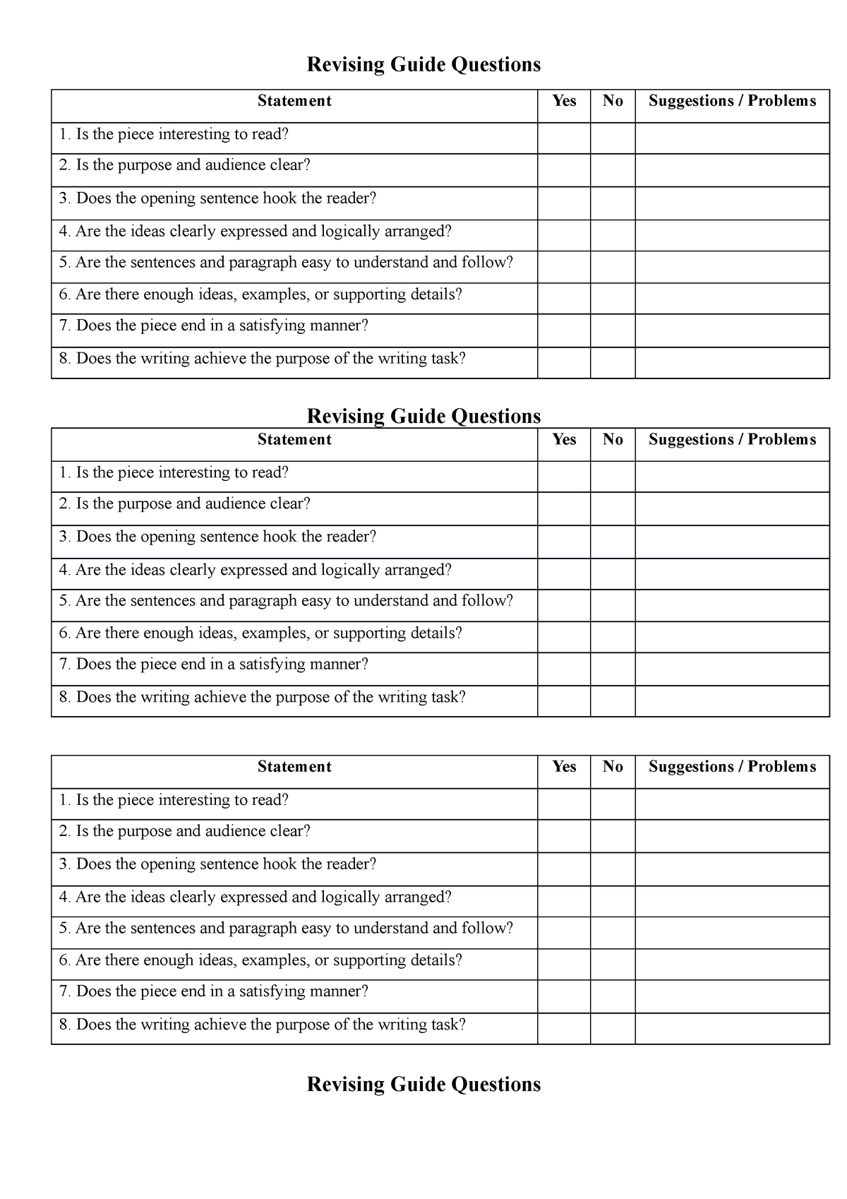 Revising Guide Questions - Revising Guide Questions Statement Yes No ...