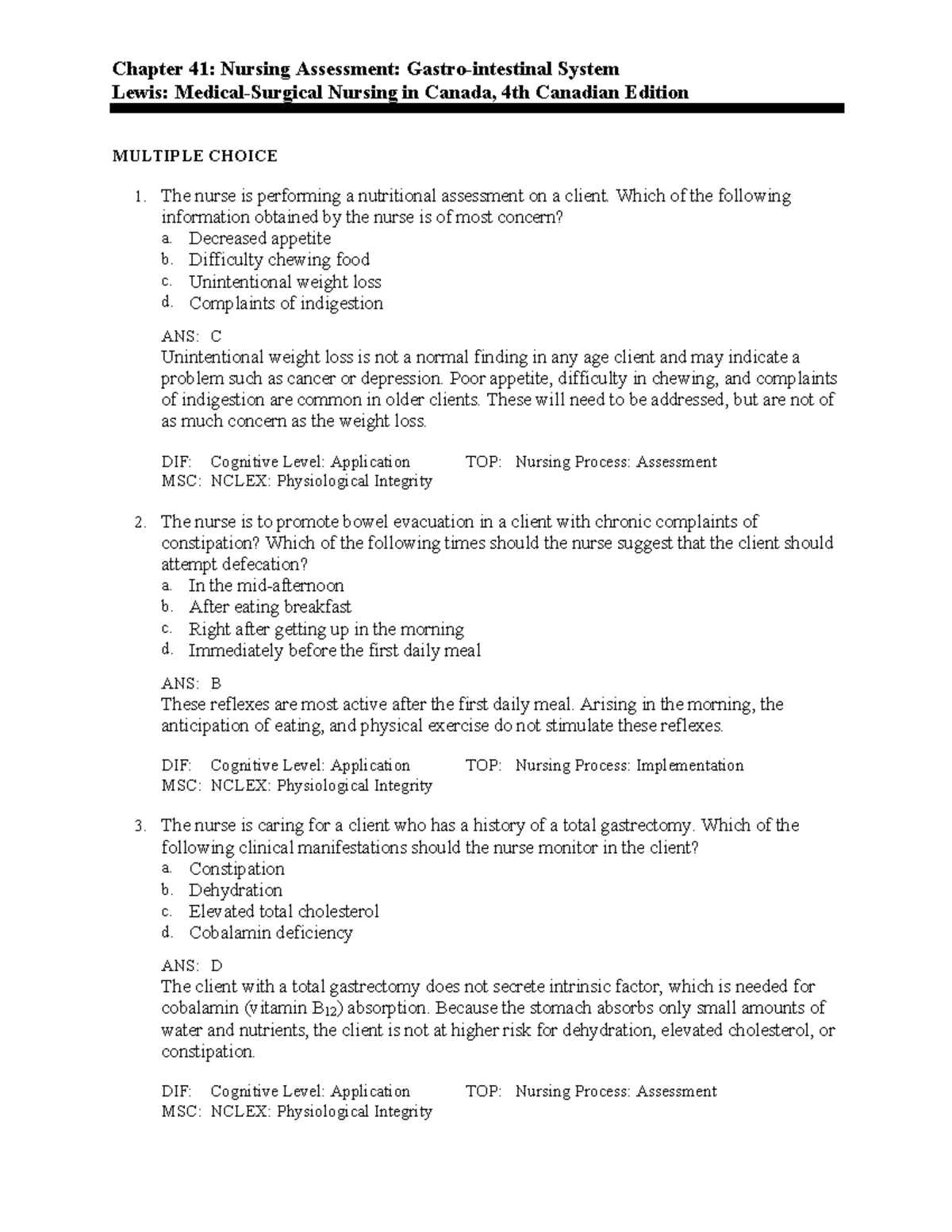 Medsurg Chapter 41 - Chapter 41: Nursing Assessment: Gastro-intestinal ...