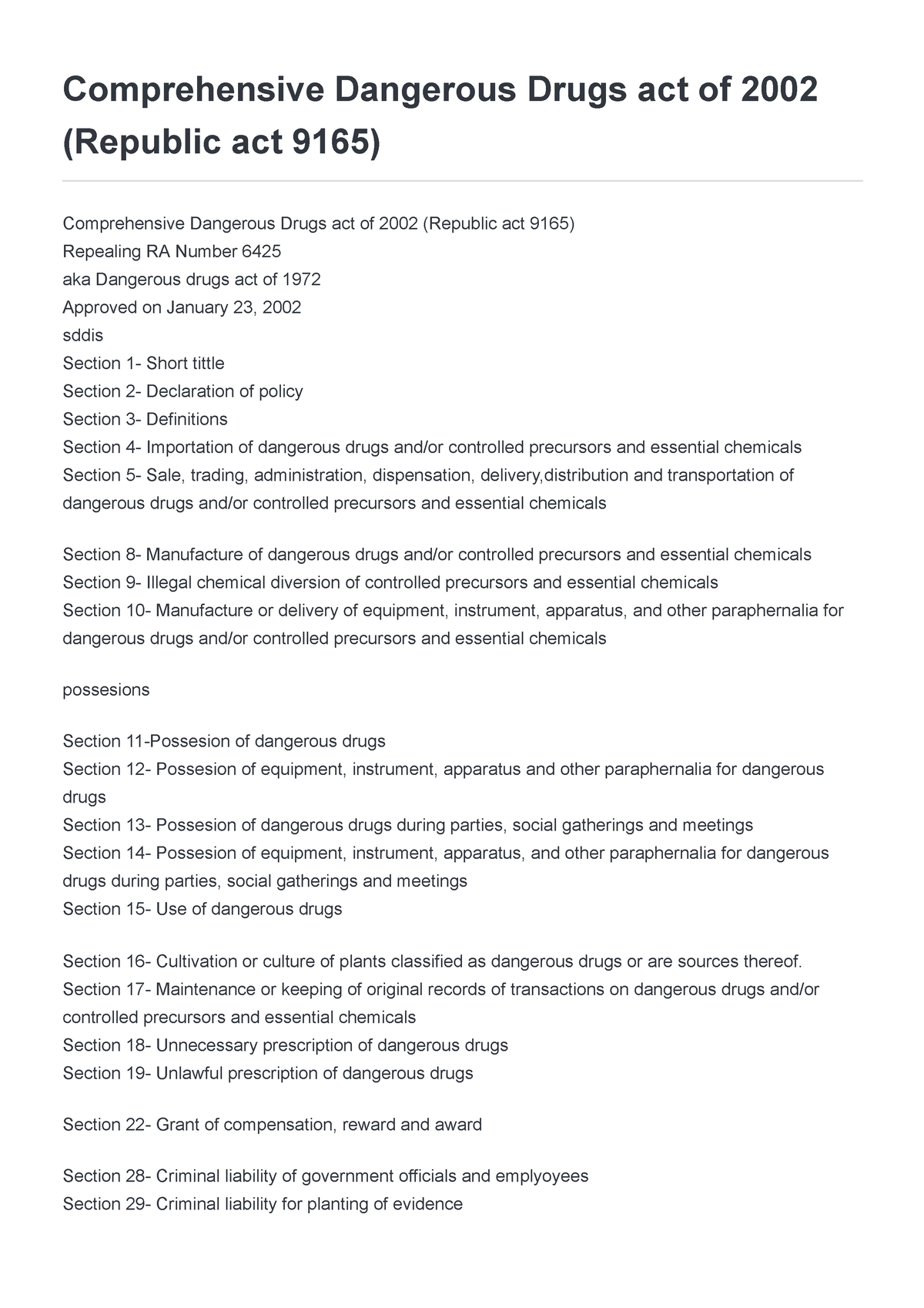 Comprehensive Dangerous Drugs act of 2002 (Republic act 9165) - Section ...