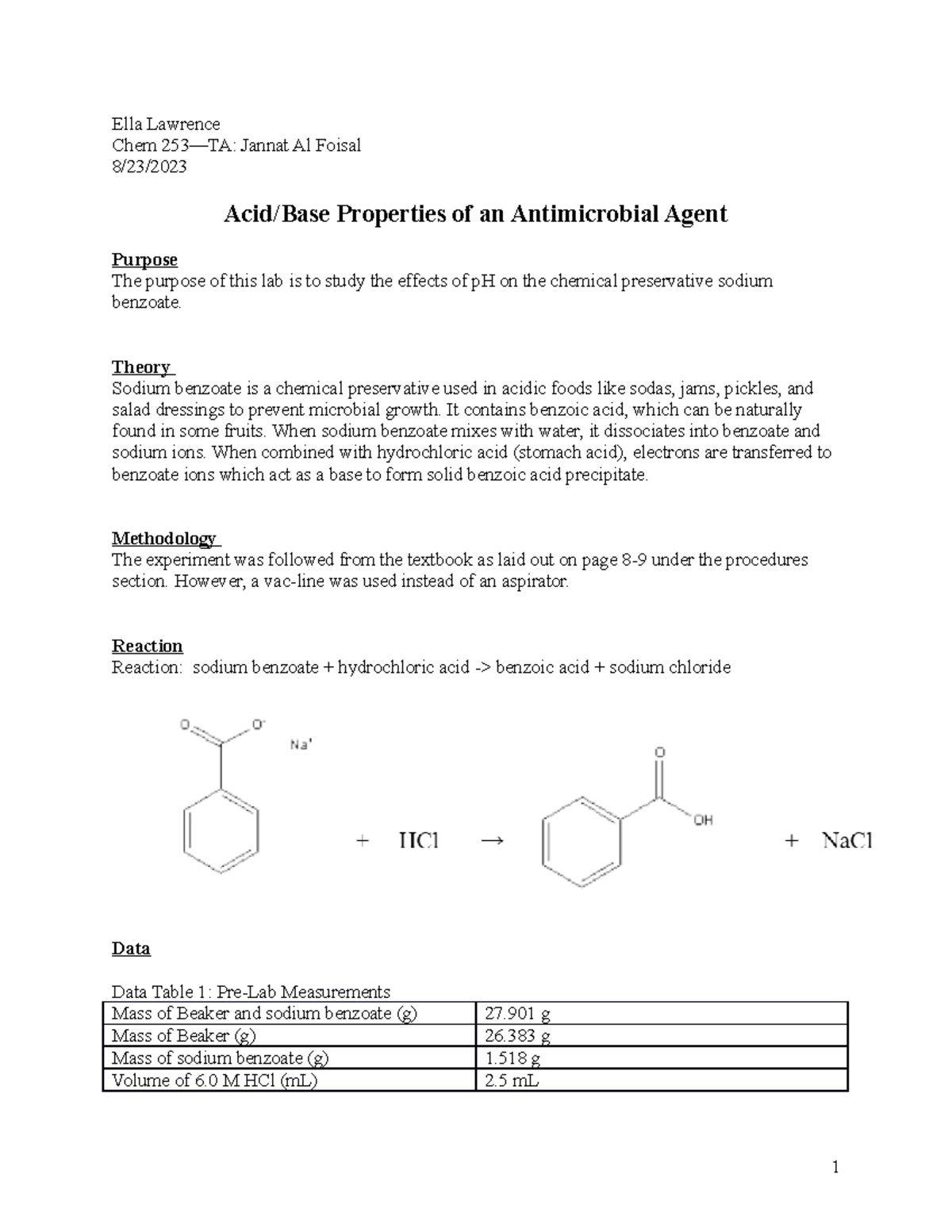 Acid Base Prop lab Lab experiment 2 Ella Lawrence Chem 253—TA