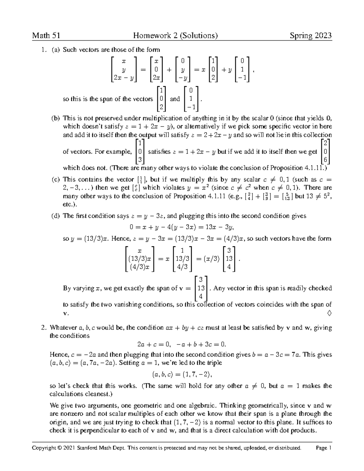 Homework 2 Solution - Math 51 Homework 2 (Solutions) Spring 2023 (a ...