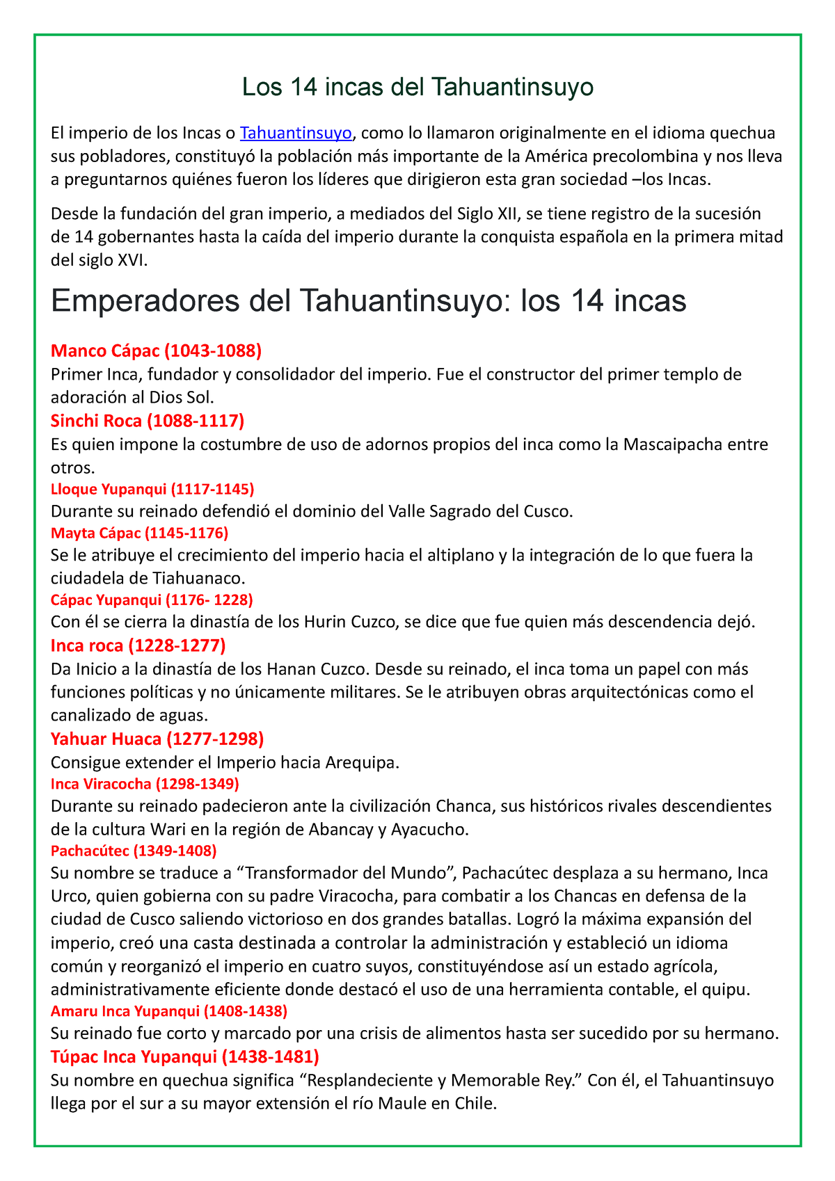 Ficha DE LOS 29 DE Agostolos 14 Incas Del Tahuantinsuyo - Los 14 Incas ...