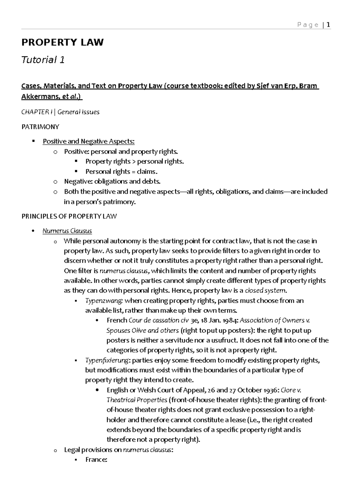 Week 1 Summary PROPERTY LAW Tutorial 1 Cases, Materials, and Text on