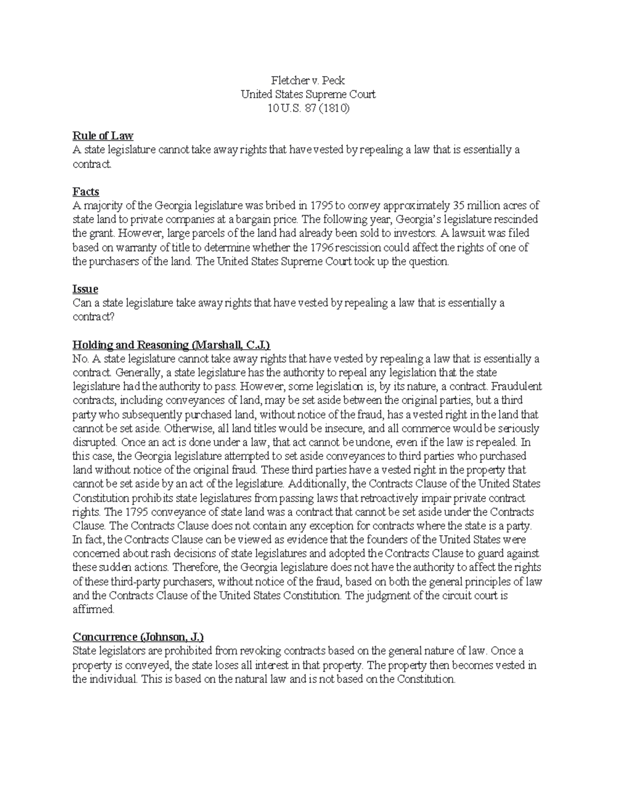 Fletcher v. Peck Summary Constitutional Law Fletcher v. Peck United