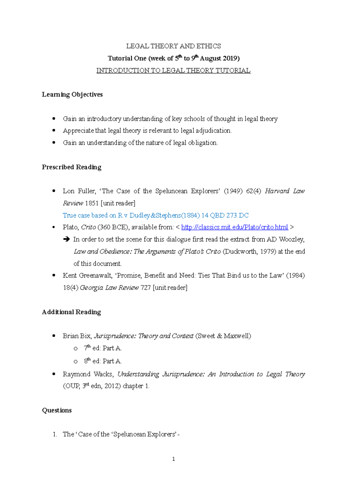 Tutorial 1 Introduction to Legal Theory 2019 - LEGAL THEORY AND ETHICS ...