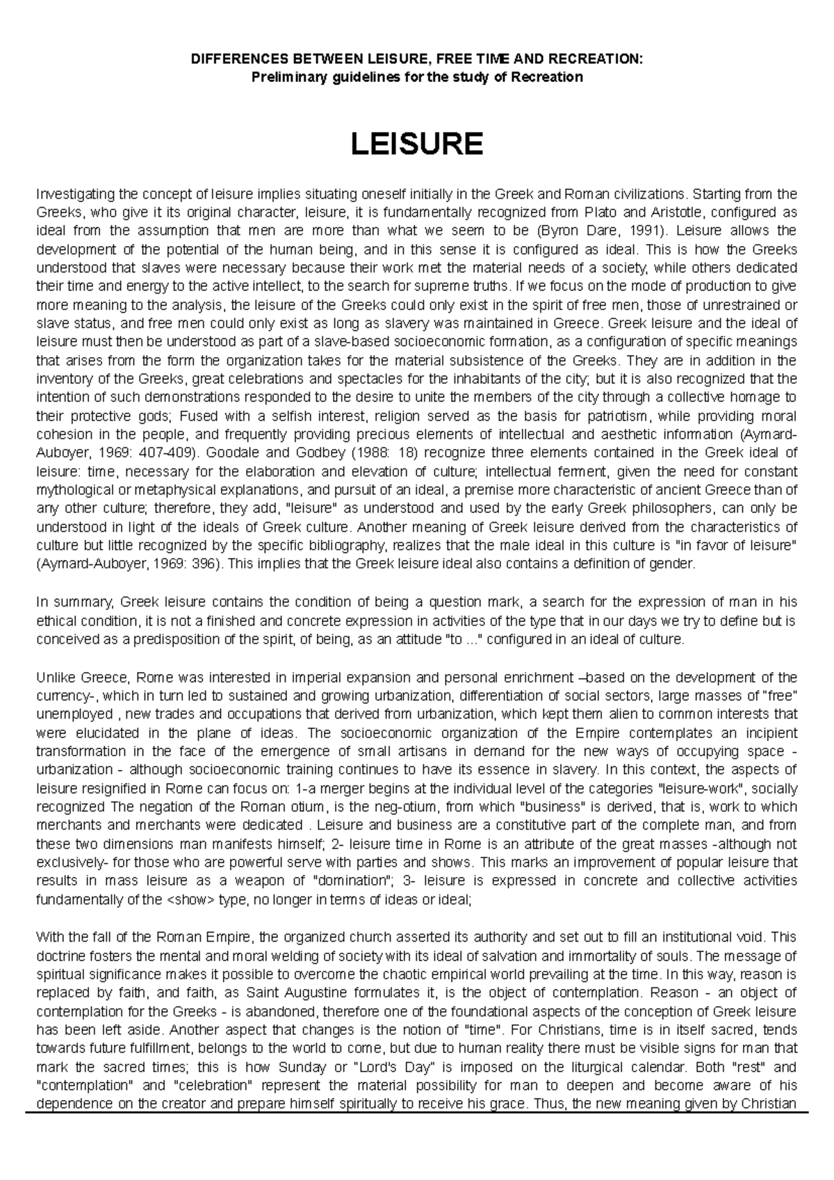 Differences Between Leisure, FREE TIME AND Recreation