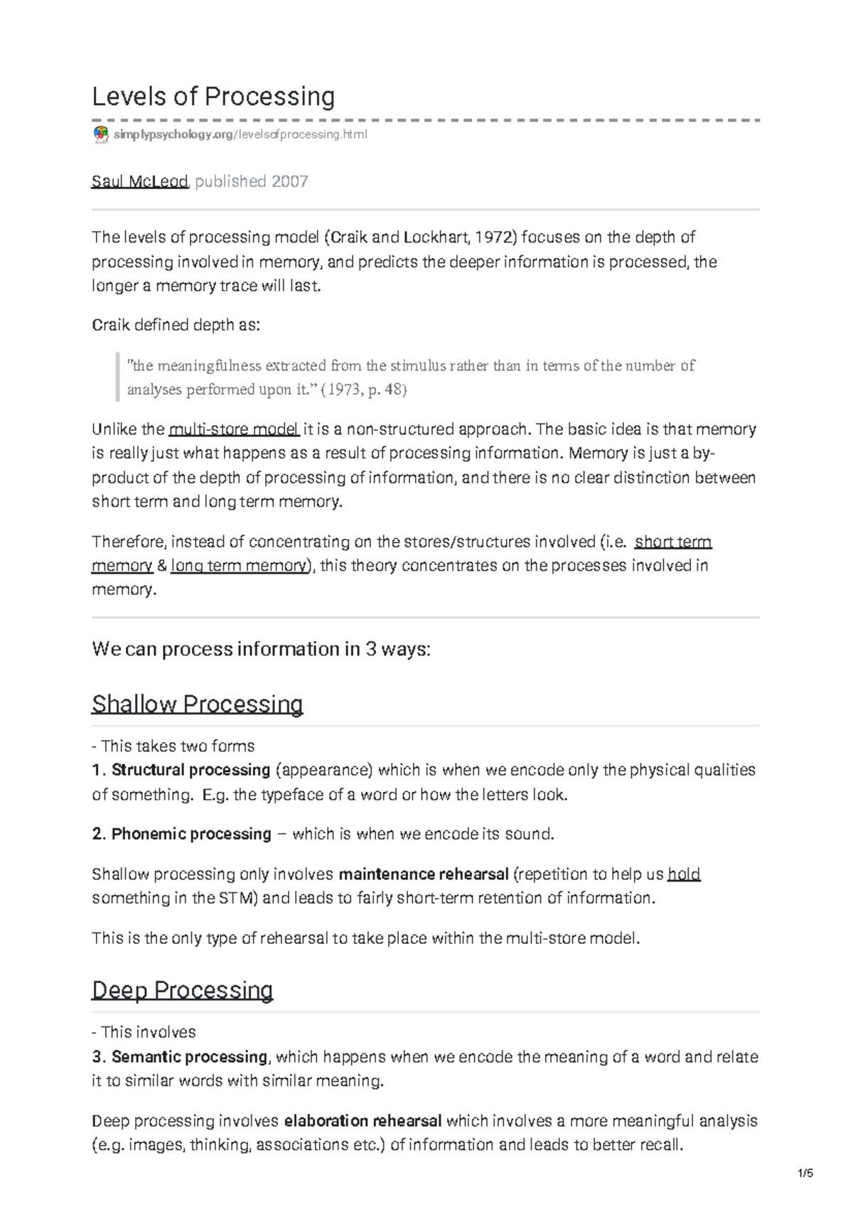 Levels of processing theory - Levels of Processing simplypsychology.org ...