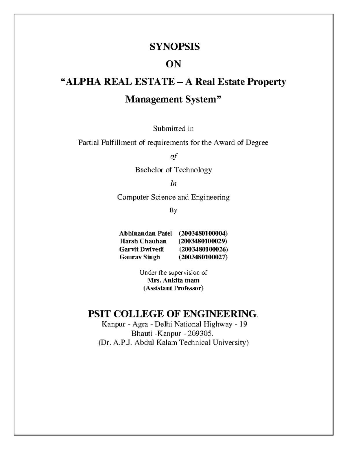 Synopsis 2022 SYNOPSIS ON “ALPHA REAL ESTATE A Real Estate Property