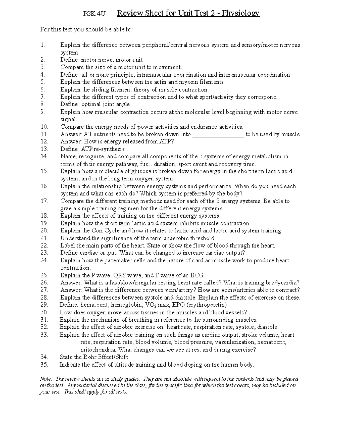 Physiology test review psk4u - PSK 4U Review Sheet for Unit Test 2 ...