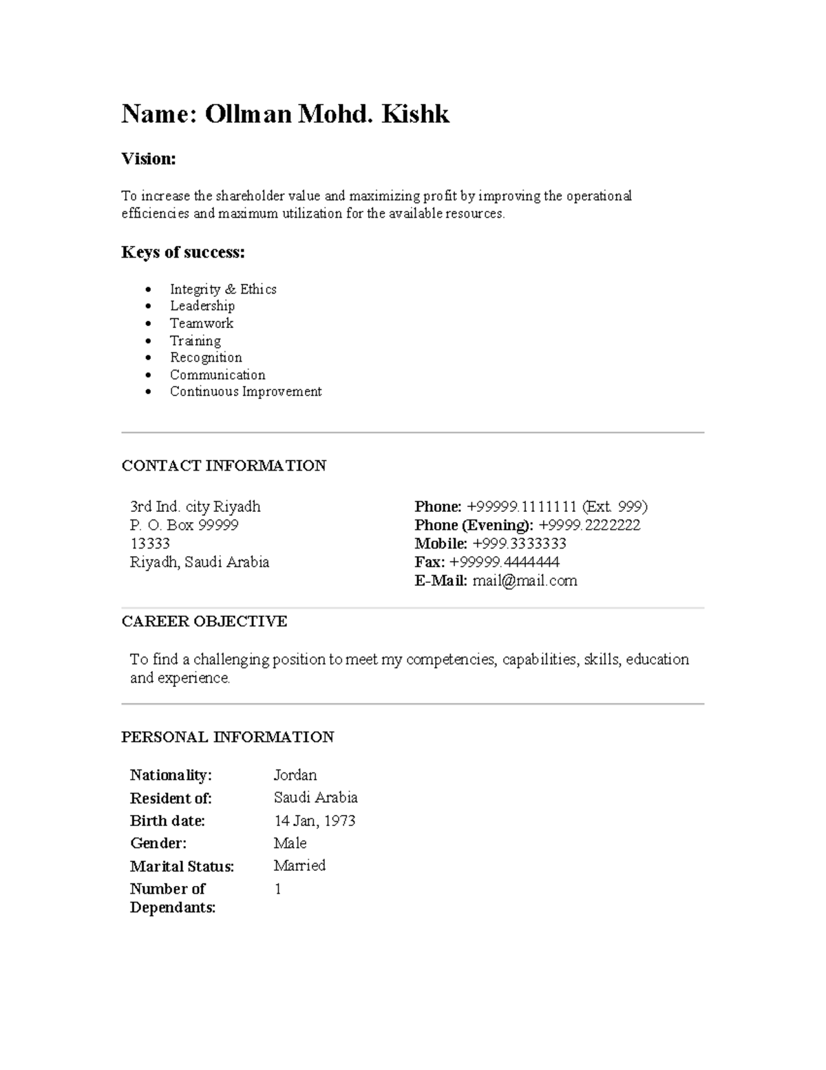 14. Example CV -Job seeker 1 - Name: Ollman Mohd. Kishk Vision: To ...