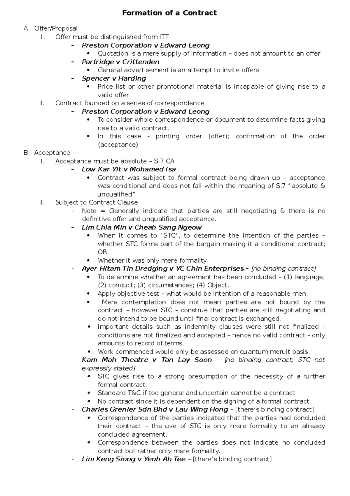 Contract Notes - Formation of a Contract A. Offer/Proposal I. Offer ...