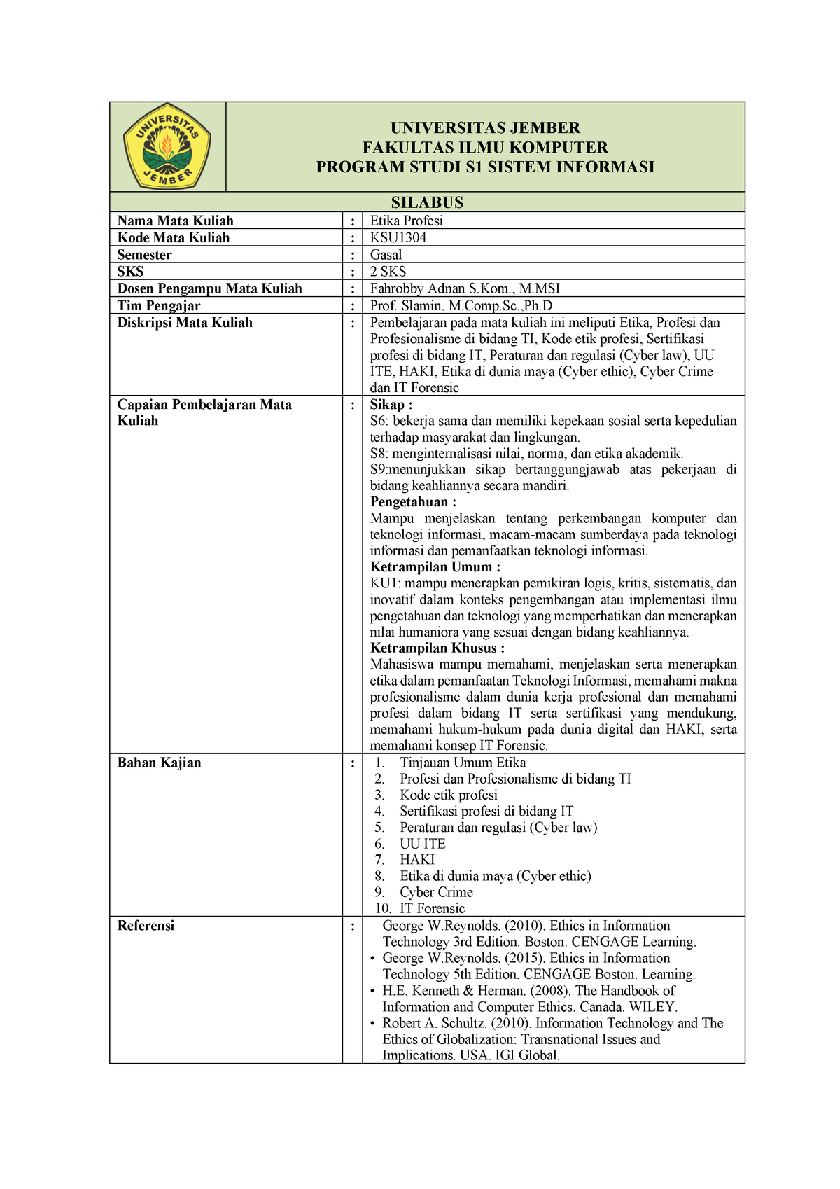 Silabus Etika Profesi - Banyak - UNIVERSITAS JEMBER FAKULTAS ILMU ...