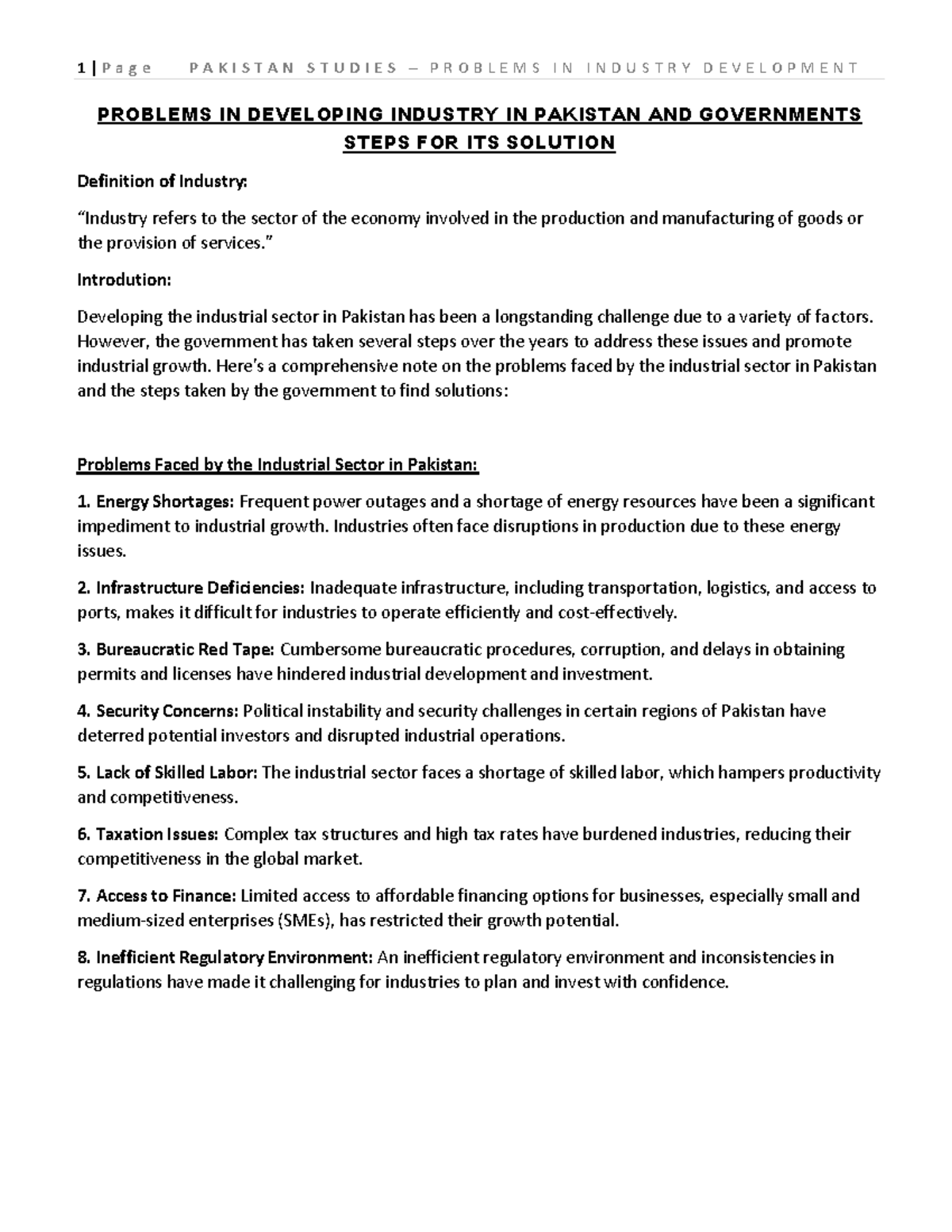 Problems IN Developing Industry IN Pakistan AND Governments Steps FOR ...