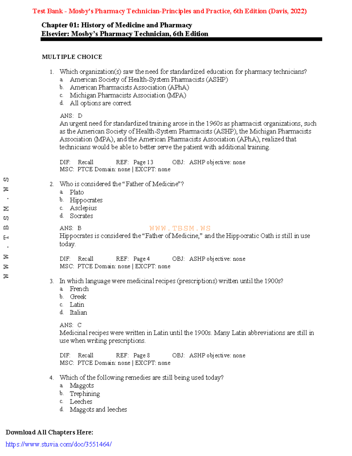 Test Bank - Mosby's Pharmacy Technician-Principles And Practice, 6th ...