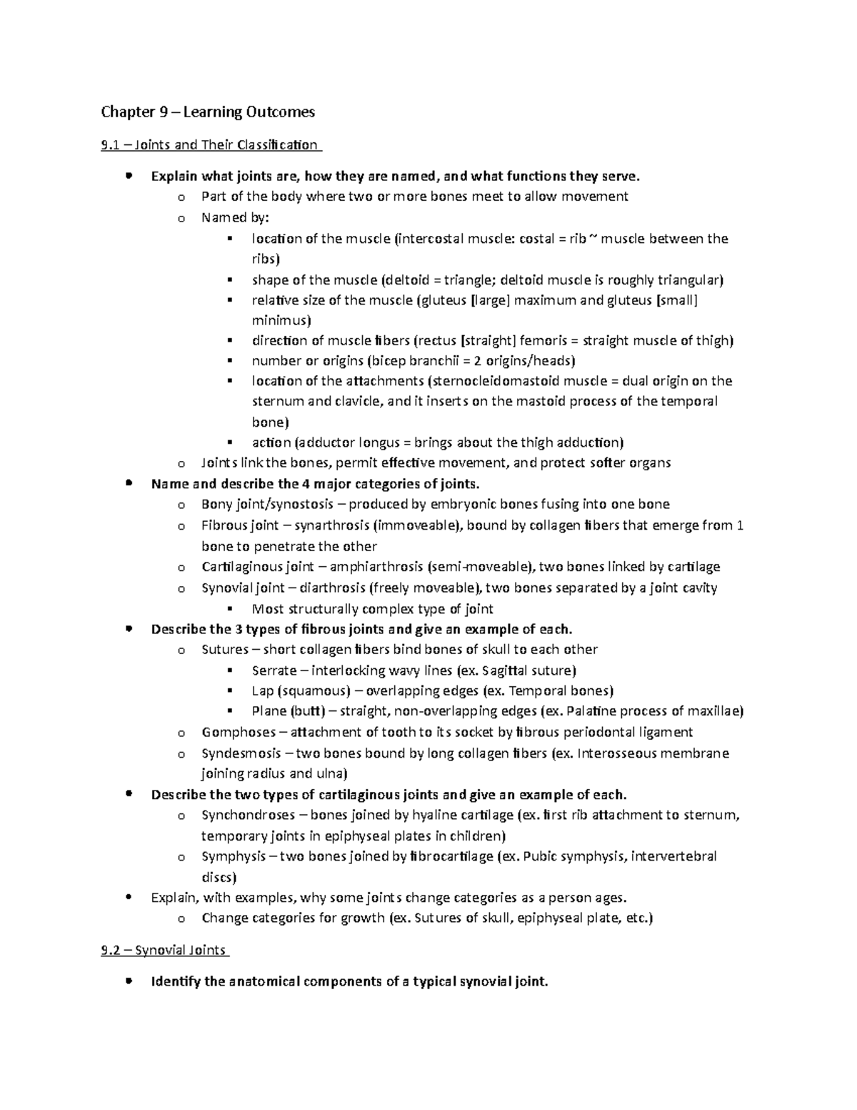 BIO 210 A&P Chapter 9-11 Learning Outcomes - Chapter 9 – Learning ...