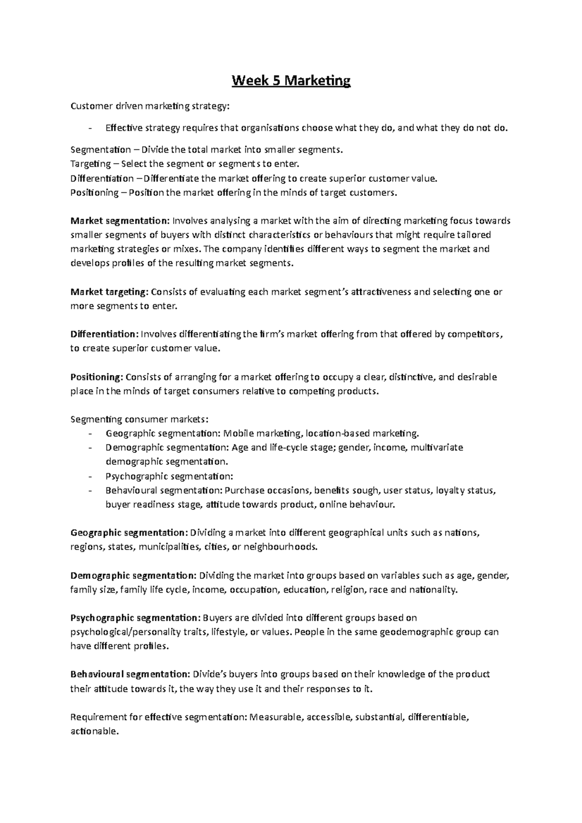 Week 5 Marketing - week 5 notes - Week 5 Marketing Customer driven ...