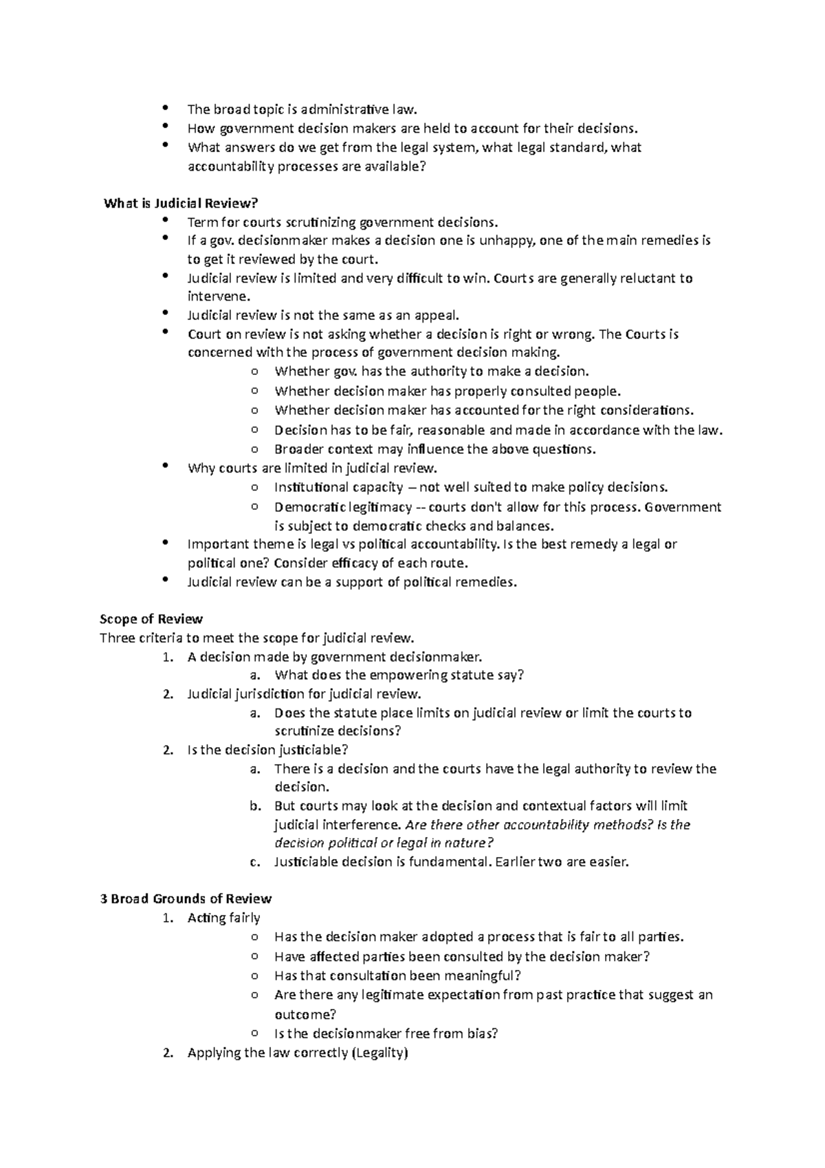 Judicial Review Notes - The broad topic is administrative law. How ...