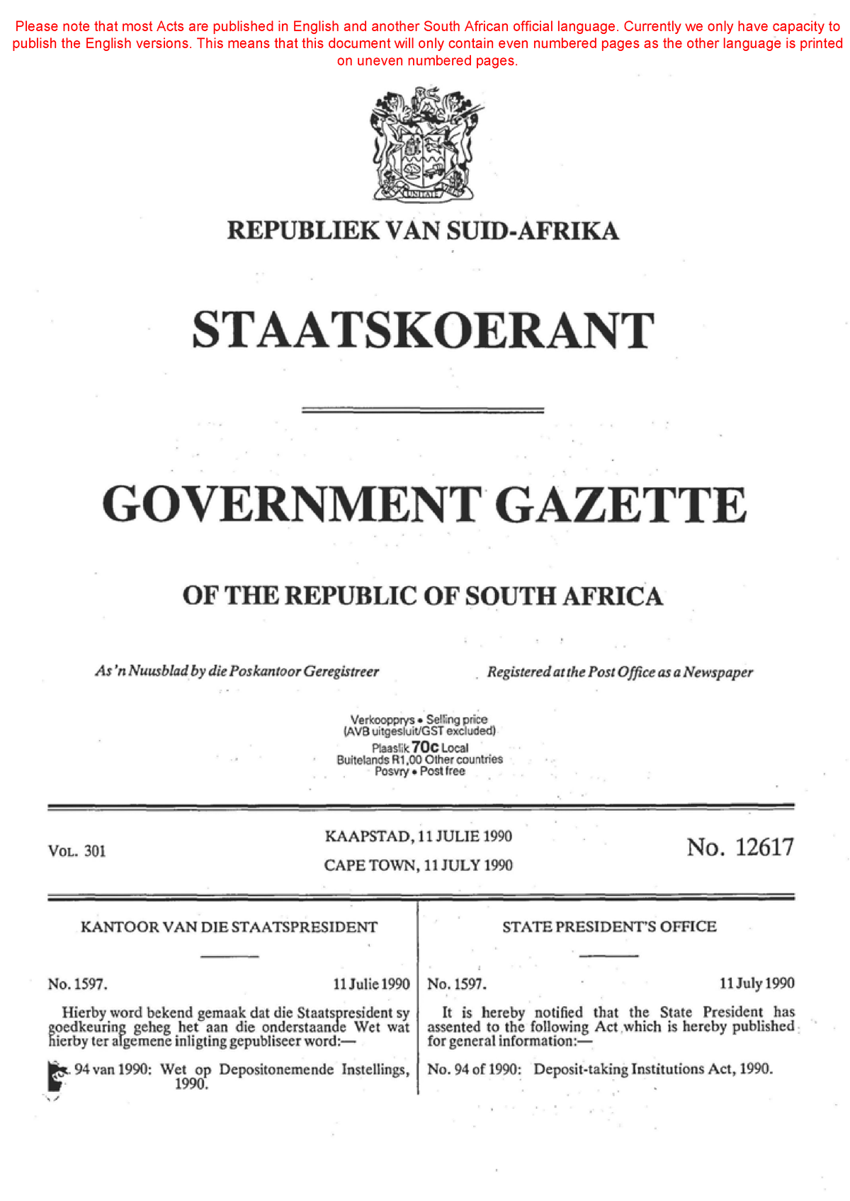 The Banks Act 94 Of 1990 - REPUBLIEK VAN SUID-AFRIKA STAATSKOERANT ...