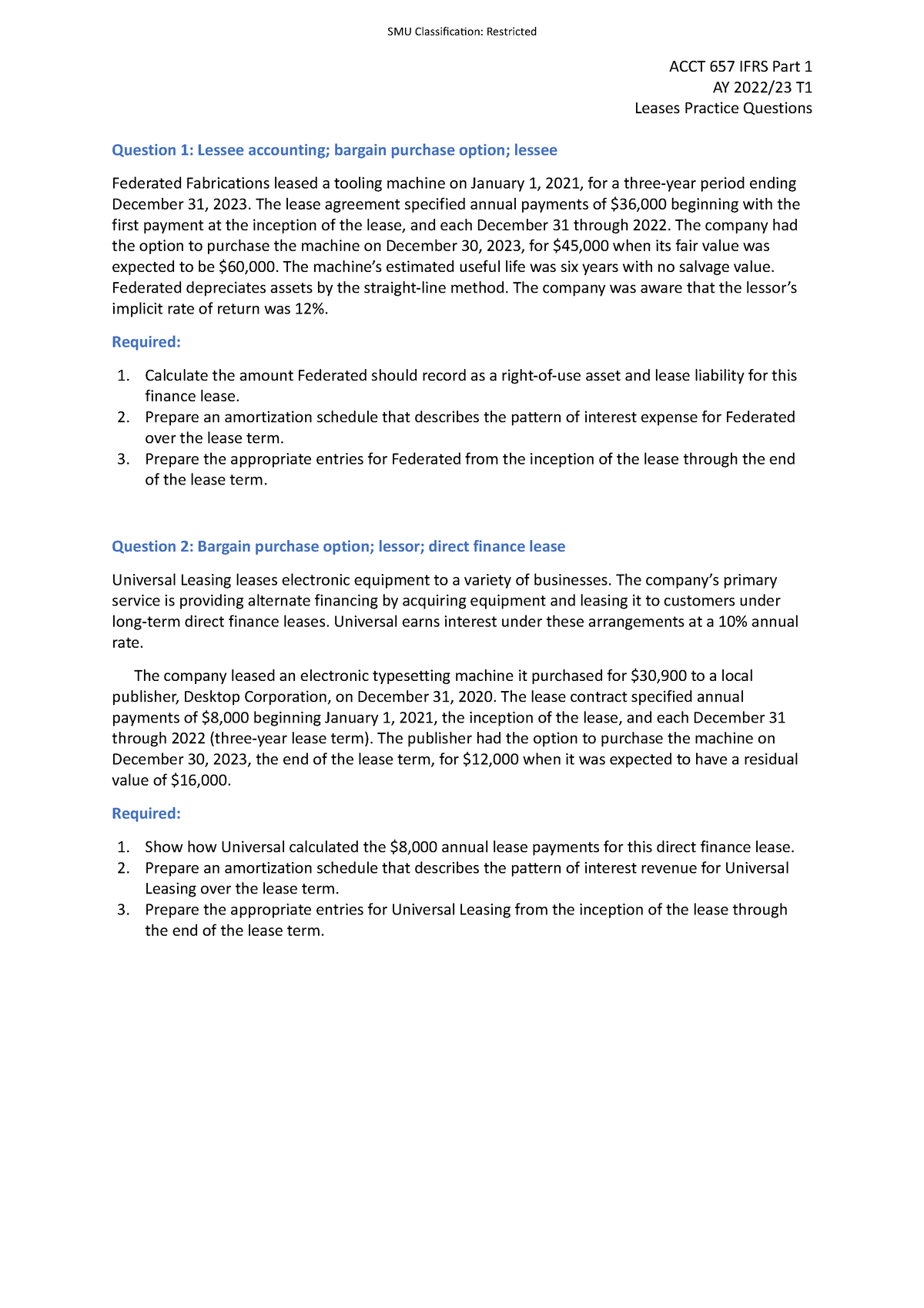 Leases Practice Questions - ACCT 657 IFRS Part 1 AY 2022/23 T Leases ...