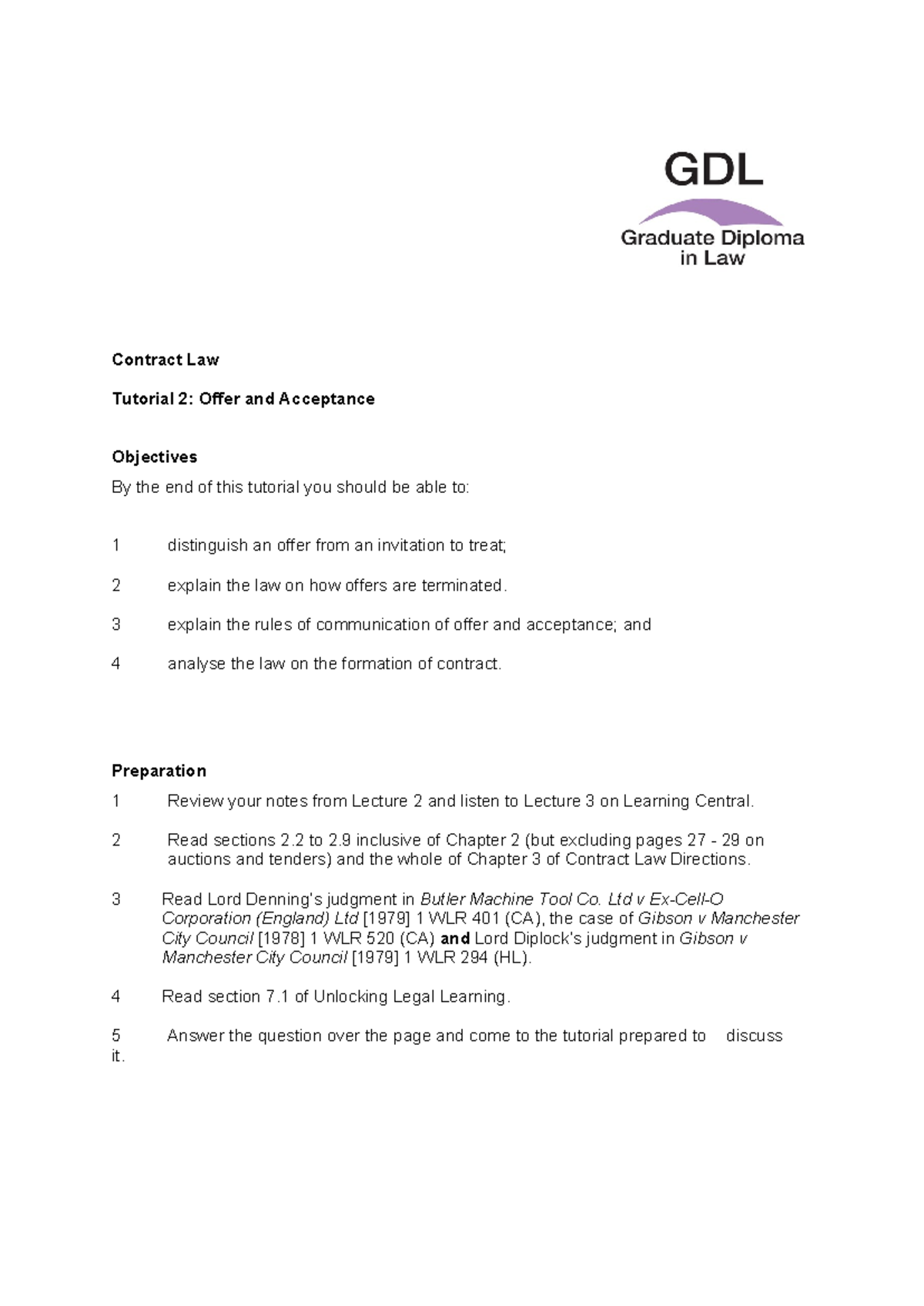 Tutorial 2 - Contract Law Tutorial 2: Offer and Acceptance Objectives ...