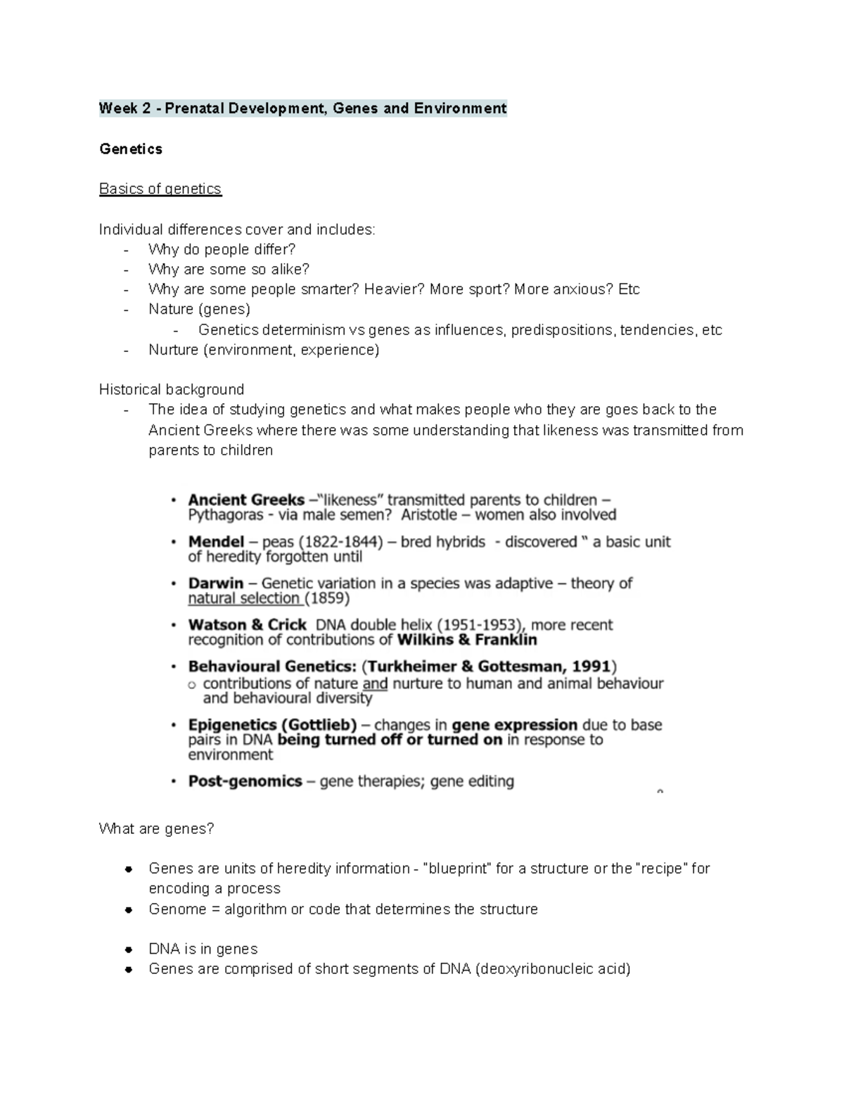 DVP notes wk 2 - Week 2 - Prenatal Development, Genes and Environment ...