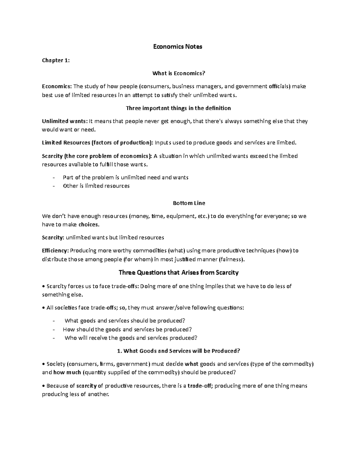 Economics Notes Chapter 1 - Economics Notes Chapter 1: What is ...