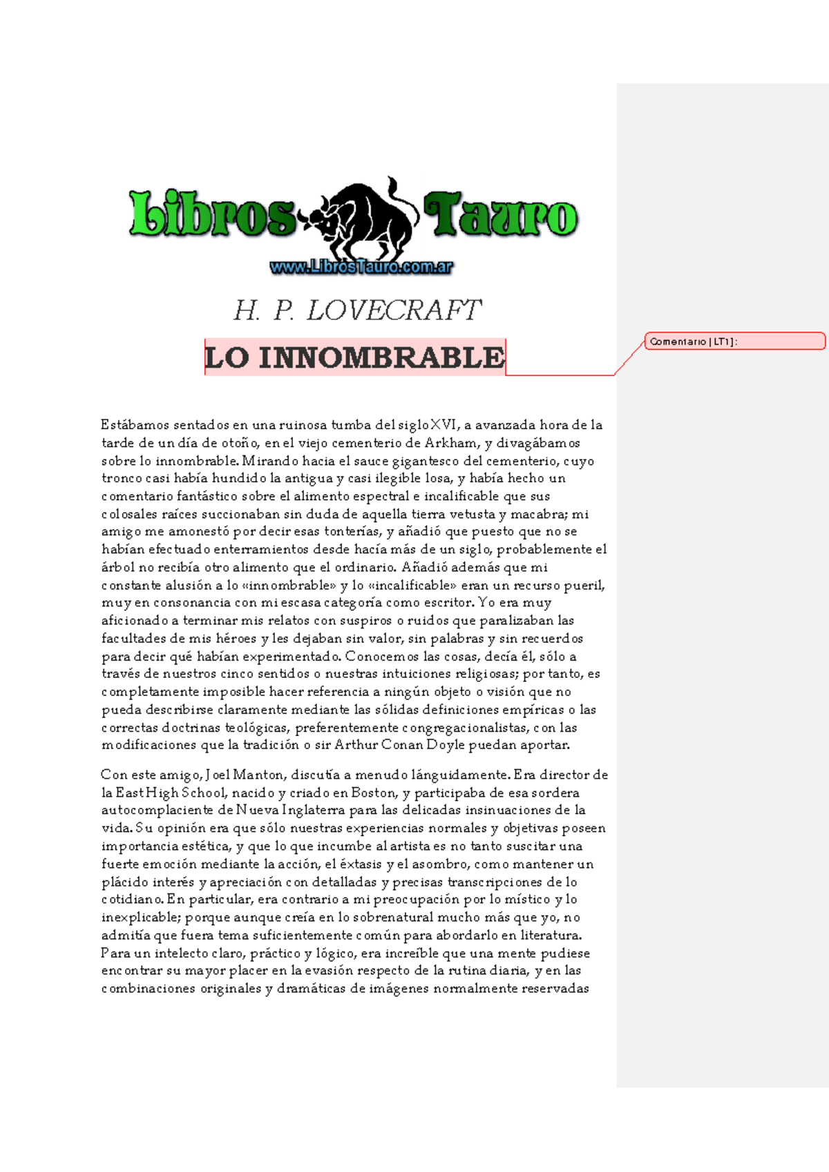 Lovecraft, H.P. - Lo Innombrable - H. P. LOVECRAFT LO INNOMBRABLE ...