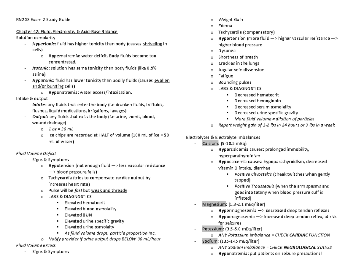 Rn 208 exam 2 study guide - RN208 Exam 2 Study Guide Chapter 42: Fluid ...