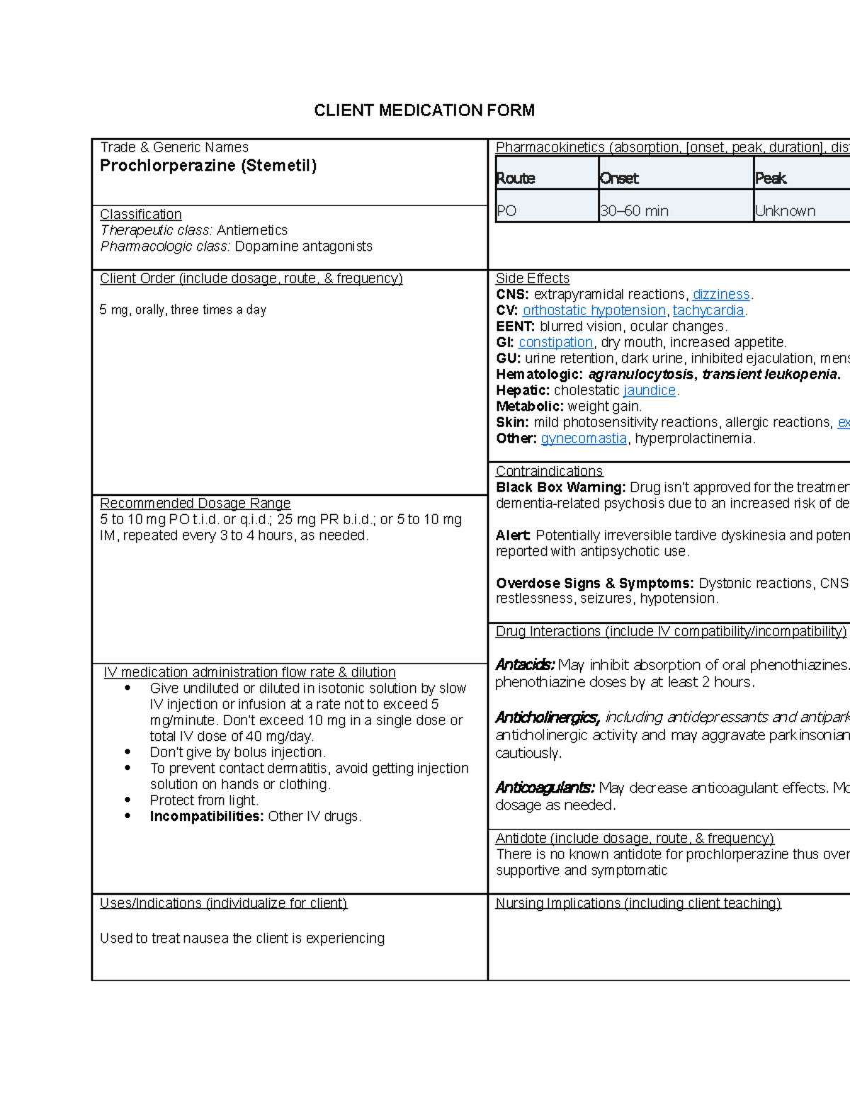 CW3 GI pt 4 Assignment CLIENT MEDICATION FORM Trade & Generic Names Prochlorperazine Studocu