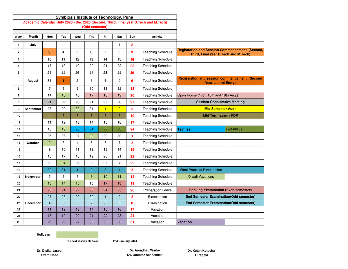 Calender July 2023 -Dec 2023 Academic calendar-B - Week Month Mon Tue ...