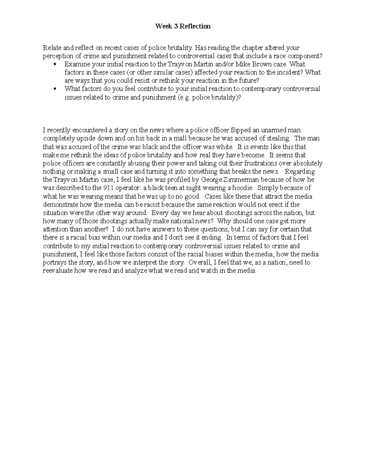 Week 3 Reflection - Week 3 Reflection Relate and reflect on recent ...