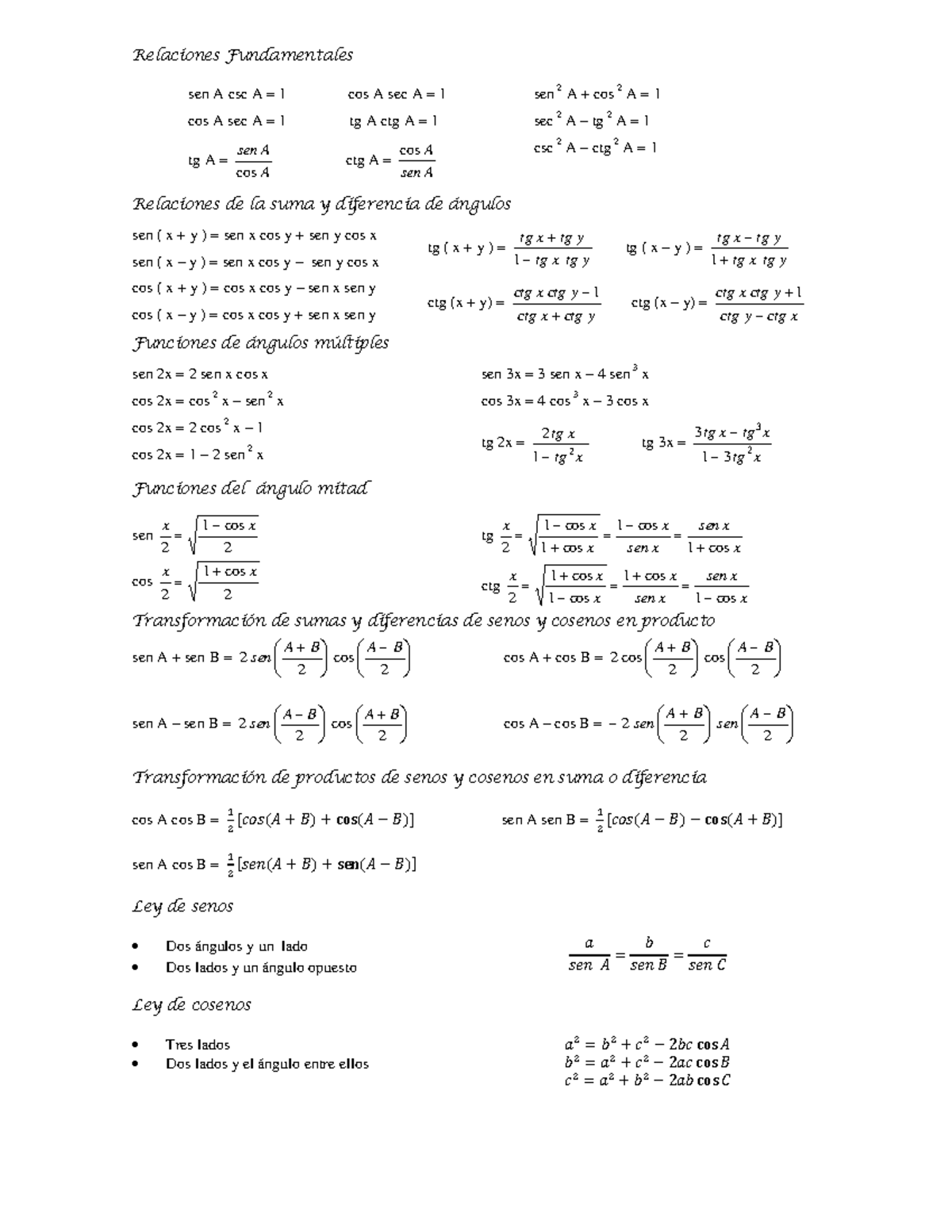 Formulas trigonometricas - Relaciones Fundamentales sen A csc A = 1 cos ...