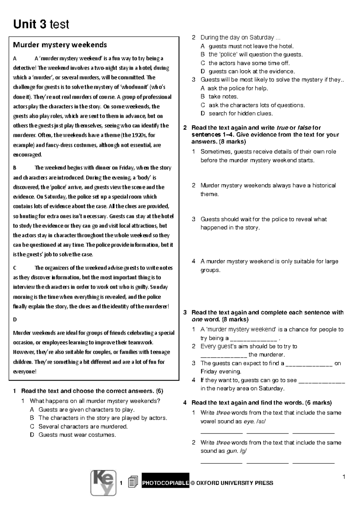 KTB 1 - Unit 3 Test Reading - Unit 3 Test 1 PHOTOCOPIABLE © OXFORD ...