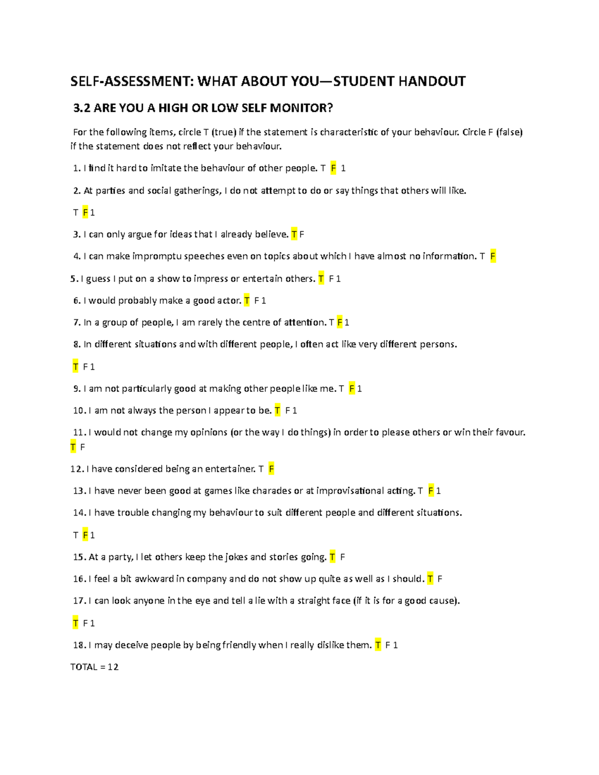 Selfmonitoring test Selfmonitoring test SELFASSESSMENT WHAT ABOUT YOU—STUDENT HANDOUT 3