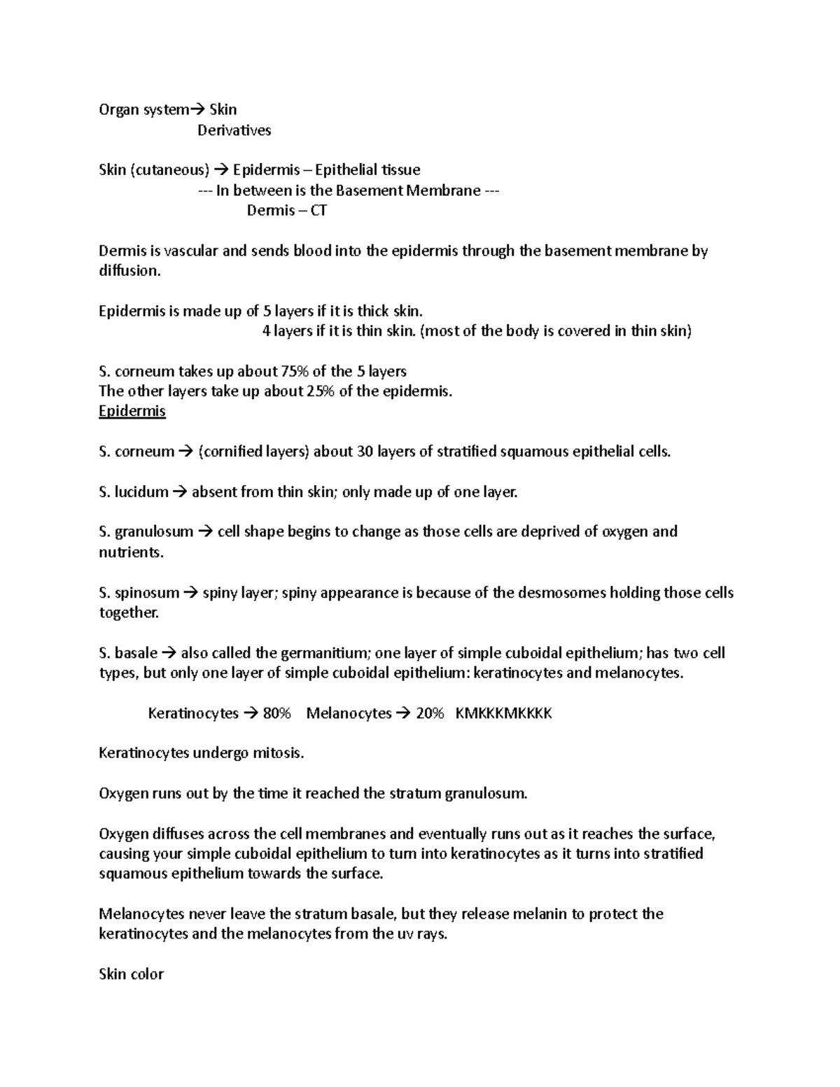 Integumentary Review Notes - Organ system Skin Derivatives Skin ...