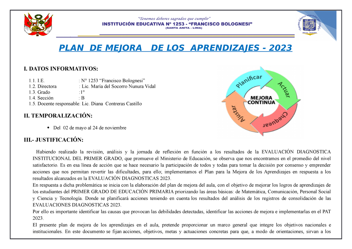 PLAN DE Mejora 1RO B 2023 Agosto - PLAN DE MEJORA DE LOS APRENDIZAJES ...