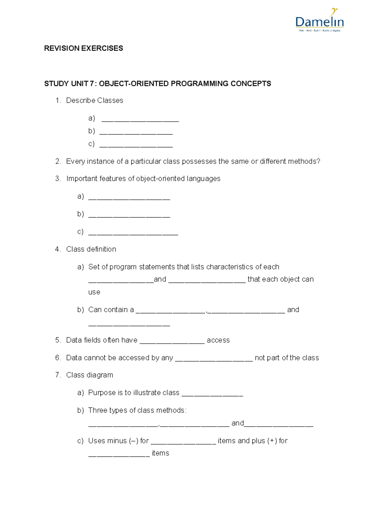 Sample/practice exam - REVISION EXERCISES STUDY UNIT 7: OBJECT-ORIENTED ...