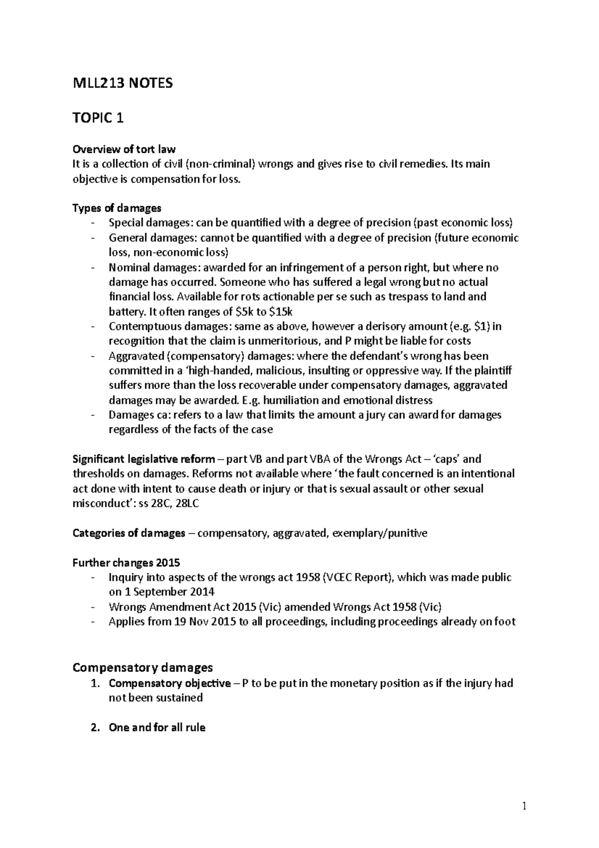MLL213 Notes - MLL213 NOTES TOPIC 1 Overview of tort law It is a ...