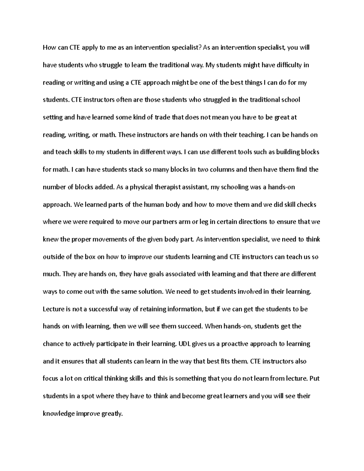 CTE paper - How can CTE apply to me as an intervention specialist? As ...