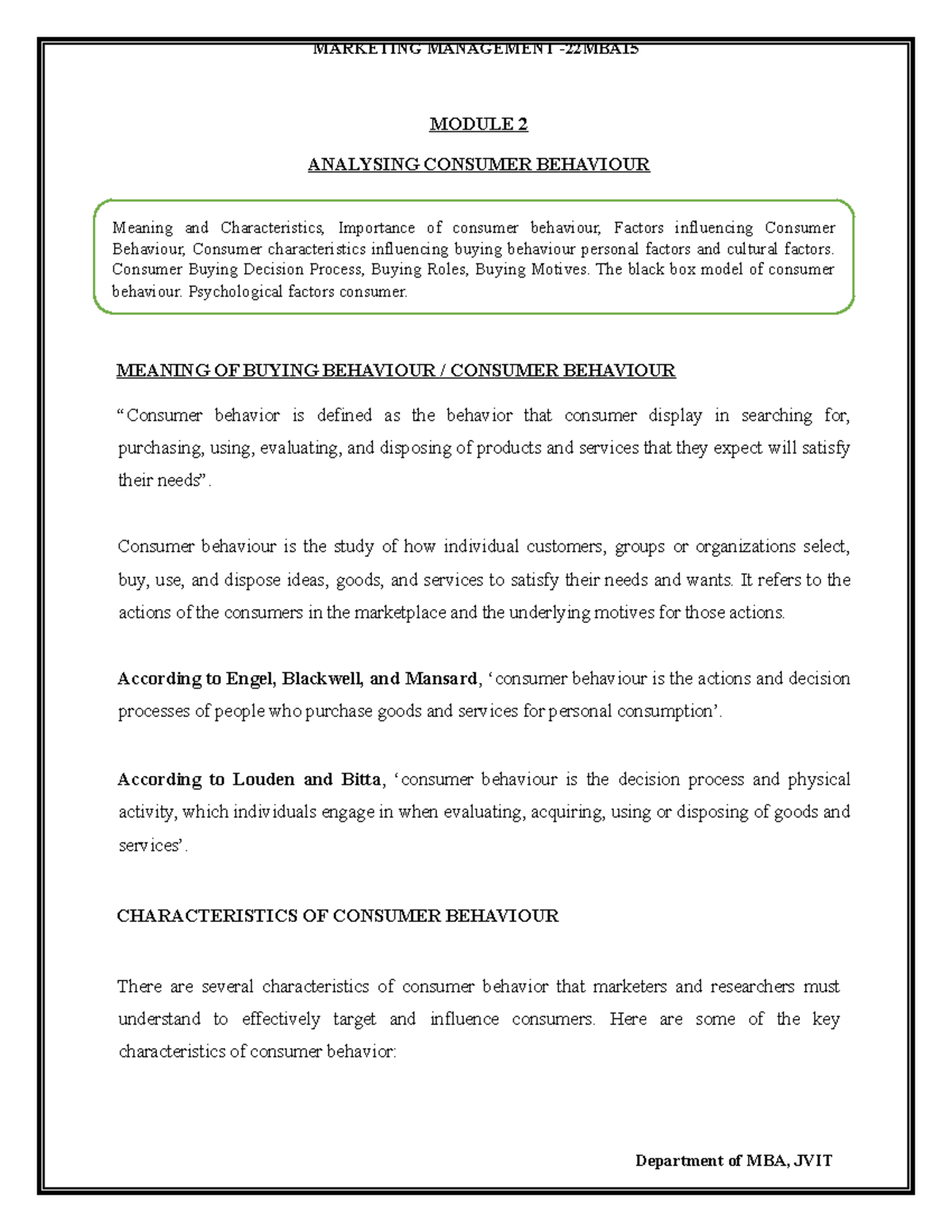 Module 2 (MM) - MODULE 2 ANALYSING CONSUMER BEHAVIOUR Meaning and ...