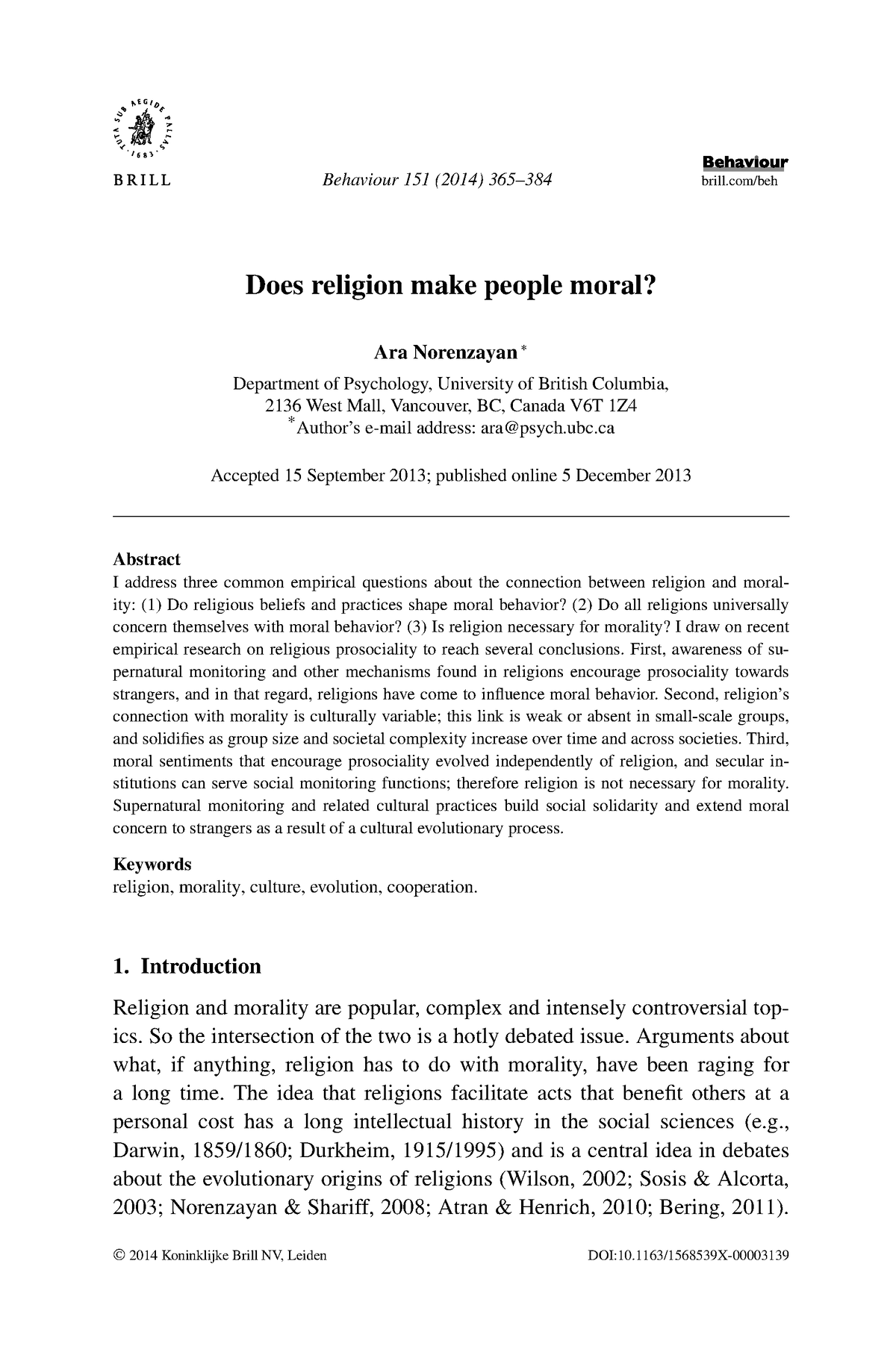 Norenzayan Behaviour Does Religion Make People Moral Behaviour 151 2014 365384 Brillbeh 2671