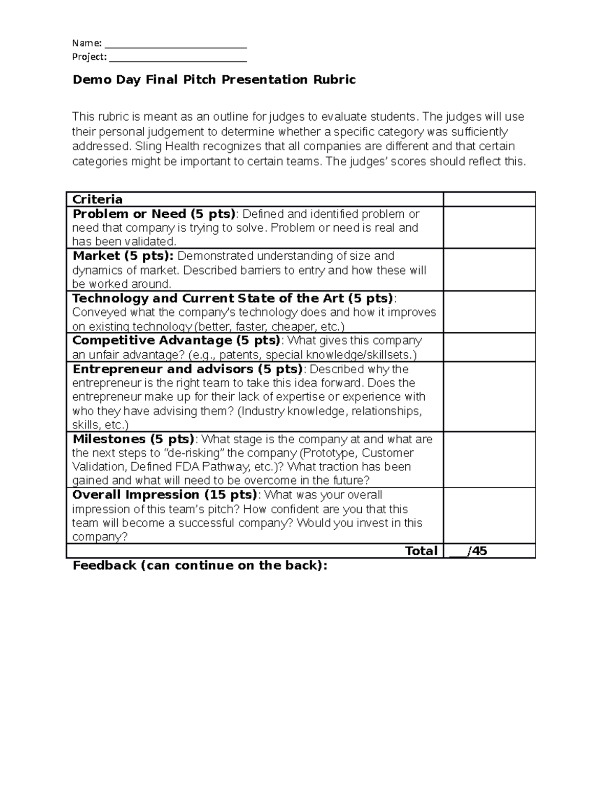 Demo Day Final Pitch Presentation Rubric Name