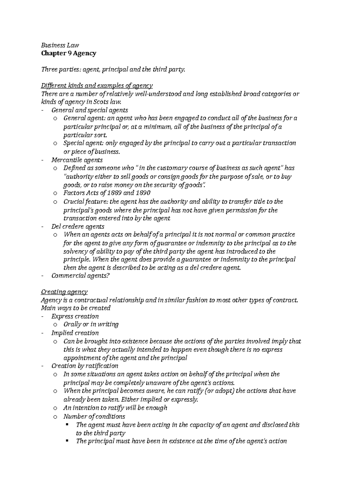 Business Law Agency Summary - Chapter 9 - Business Law Chapter 9 Agency 