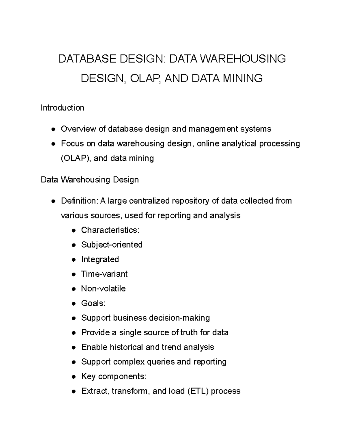 Database Design DATA Warehousing Design OLAP AND DATA Mining - DATABASE ...