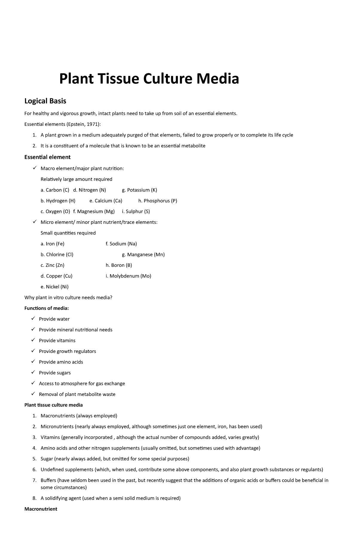 Plant Tissue Culture Media Plant Tissue Culture Media Logical Basis