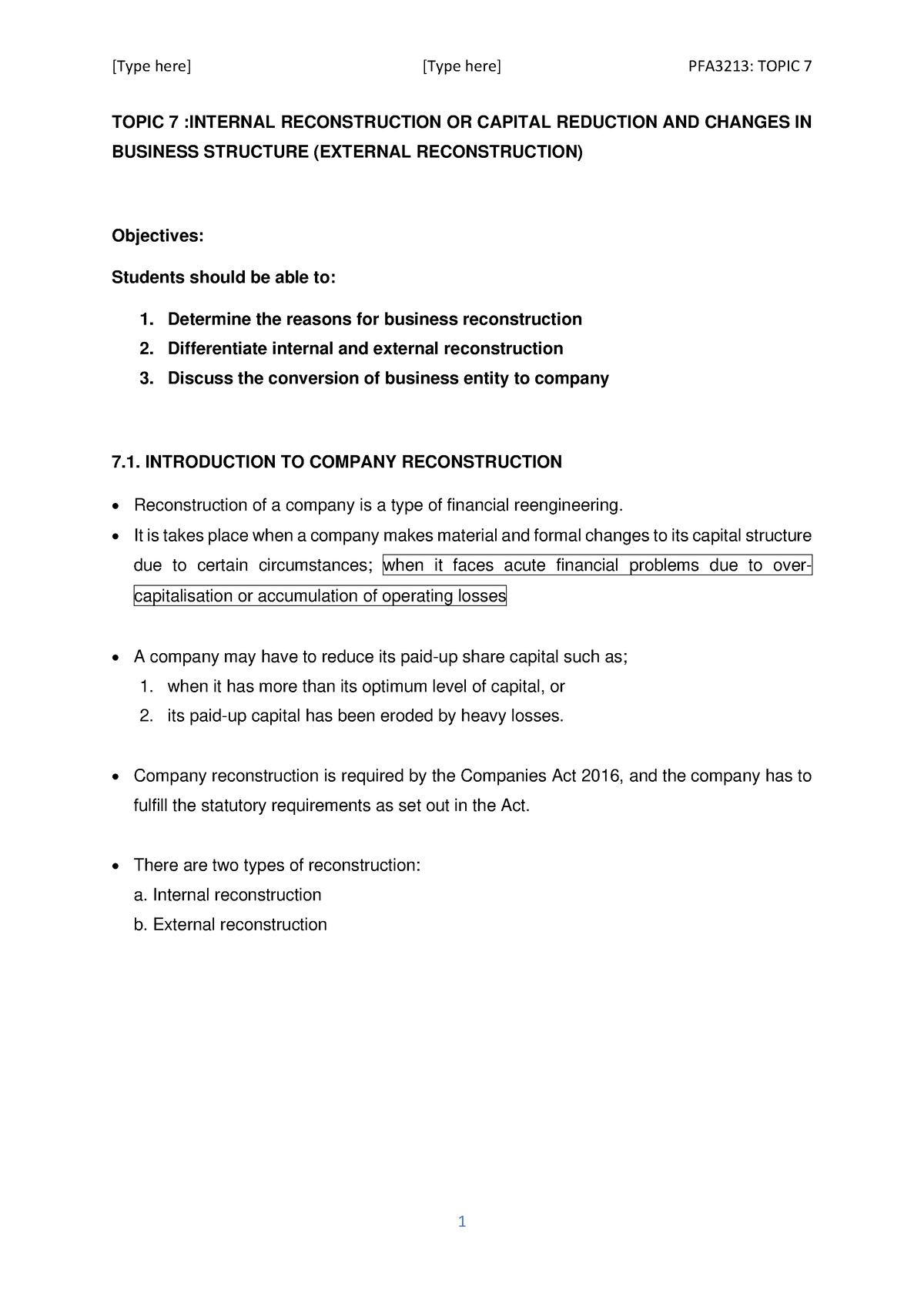 CH 7 Company Reconstruction - TOPIC 7 :INTERNAL RECONSTRUCTION OR ...