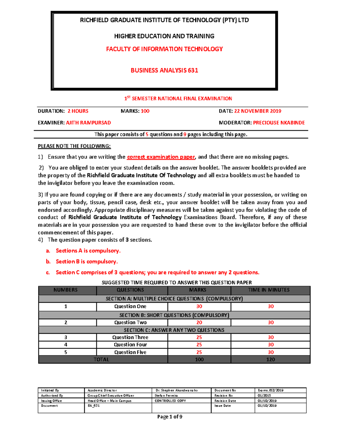 Business Analysis 631 Past Exam Paper Initiated By Academic D irector