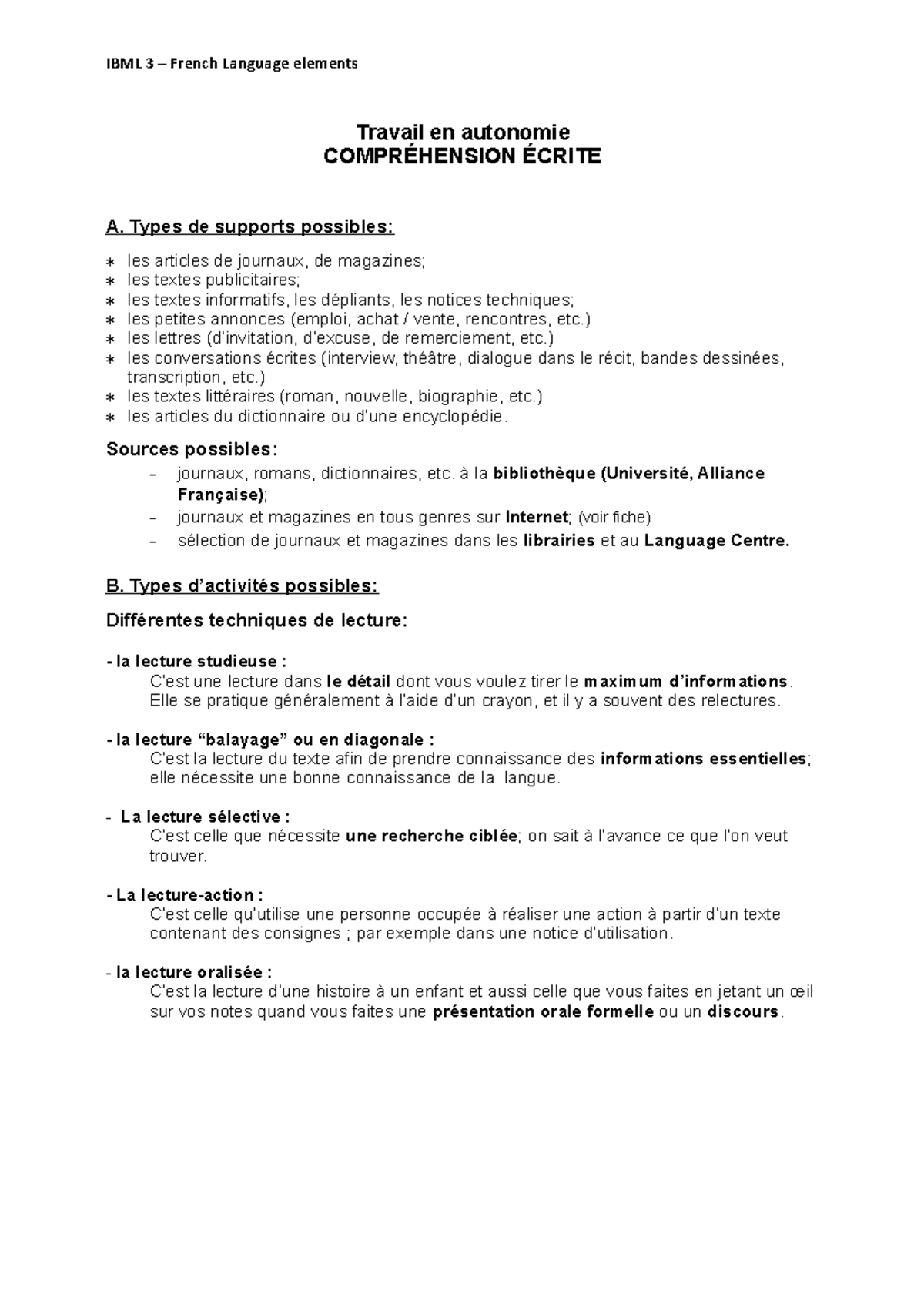 AIDE CE IBML 3 - Notes de cours 3 - IBML 3 – French Language elements ...