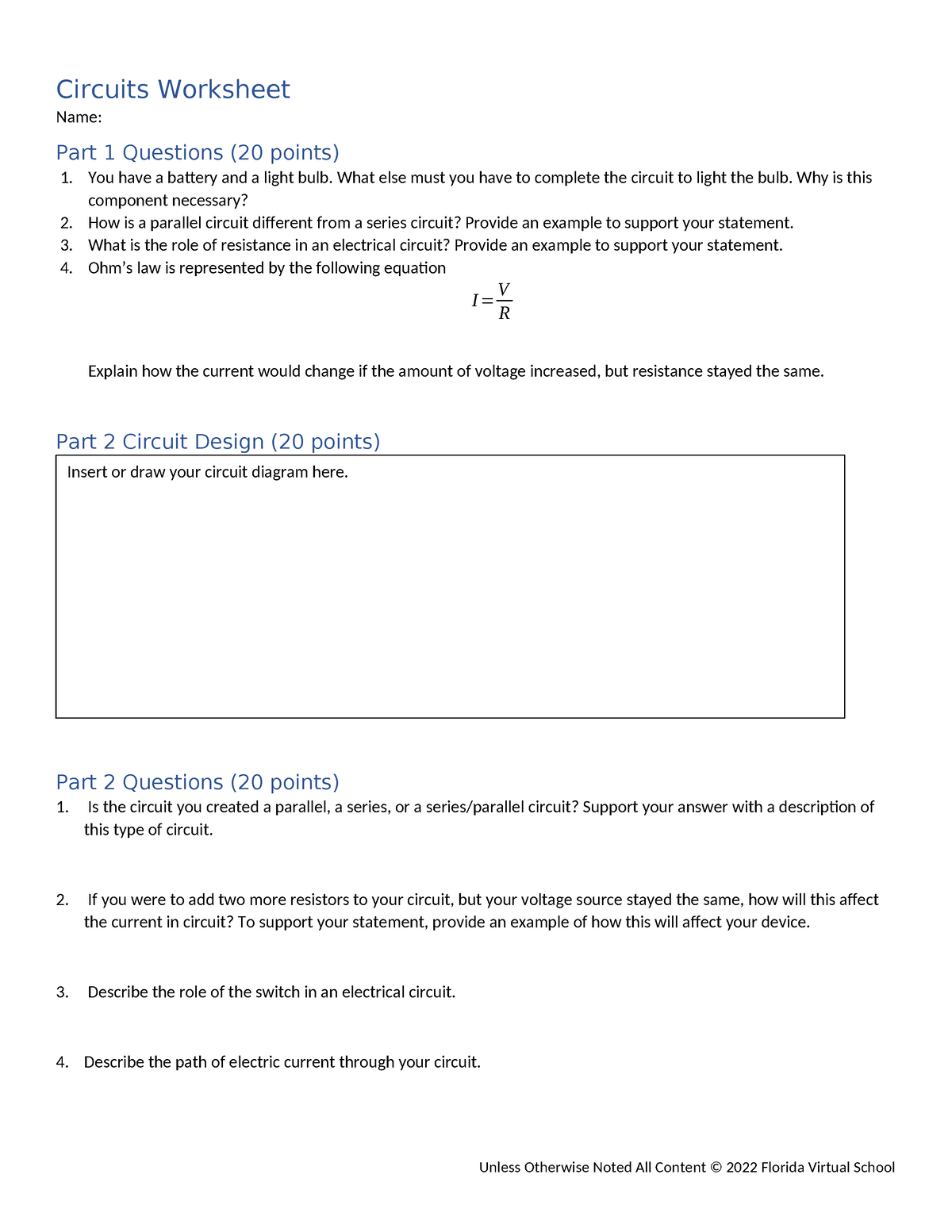 Circuits worksheet - ssssssss - Circuits Worksheet Name: Part 1 ...