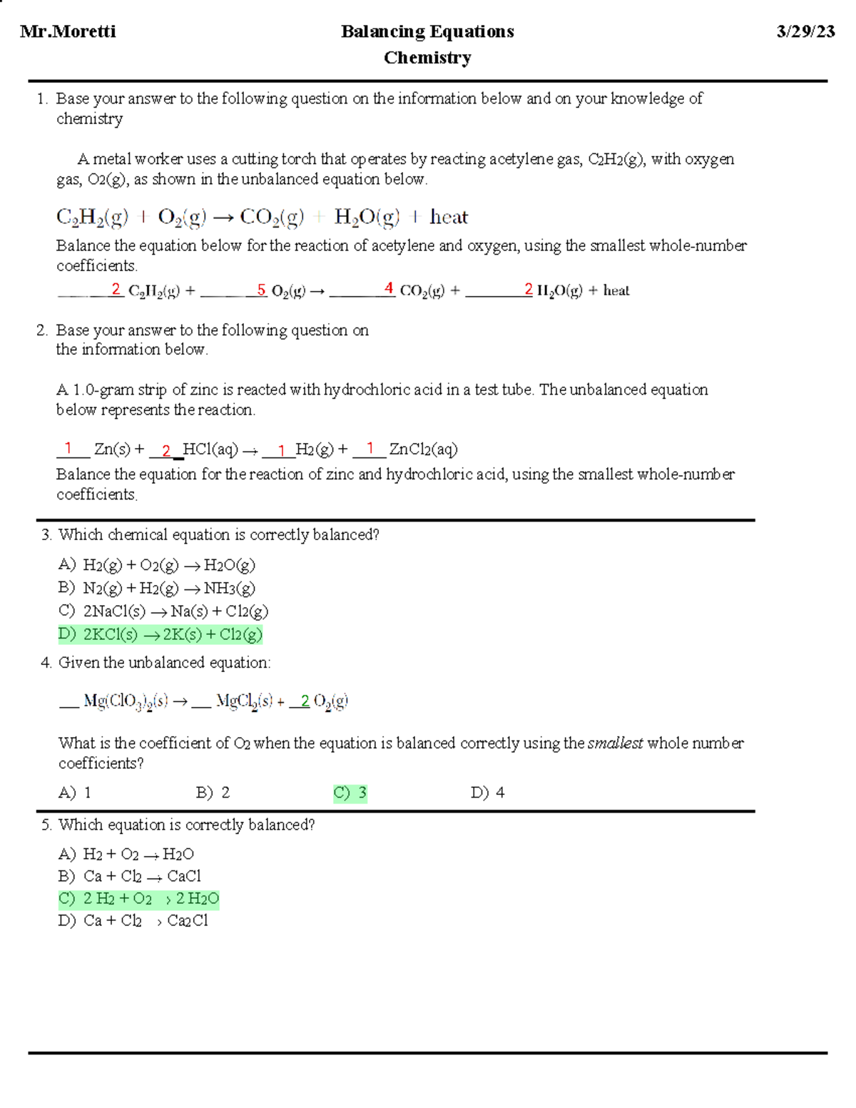 balancing equations assignment - Mr Balancing Equations 3/29/ Chemistry ...